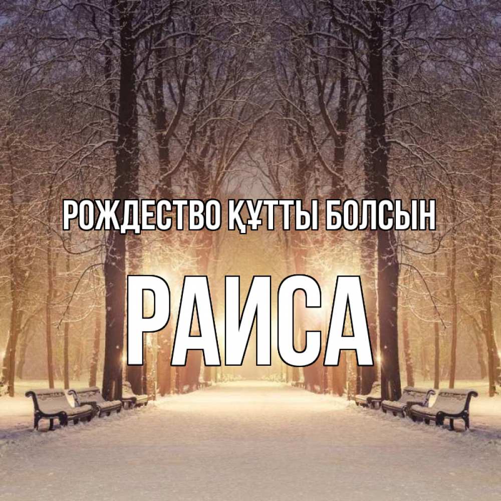 Күн сайын ашық хат с именем, Раиса Рождество құтты болсын зима, парк, фонарь, лес Онлайн тегін жүктеп алу тілектері бар керемет карта 