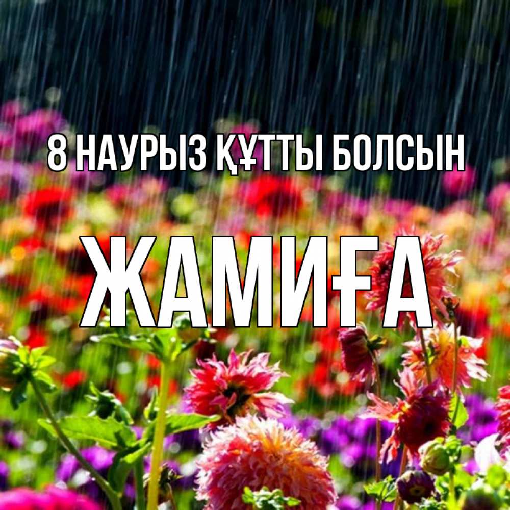 Күн сайын ашық хат с именем, ЖАМИҒА 8 наурыз құтты болсын цветы под дождиком к международному женскому дню Онлайн тегін жүктеп алу тілектері бар керемет карта 