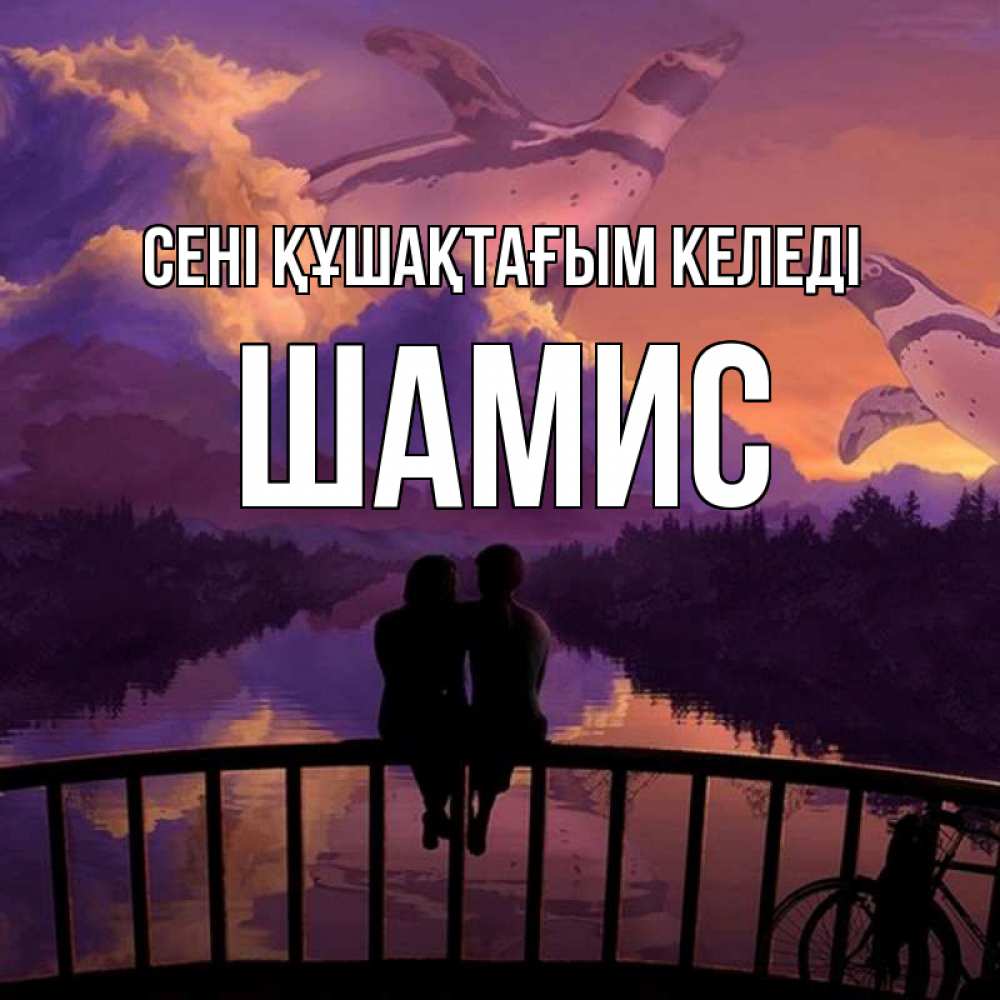Күн сайын ашық хат с именем, ШАМИС сені құшақтағым келеді парочка сидит на мосте или на набережной Онлайн тегін жүктеп алу тілектері бар керемет карта 