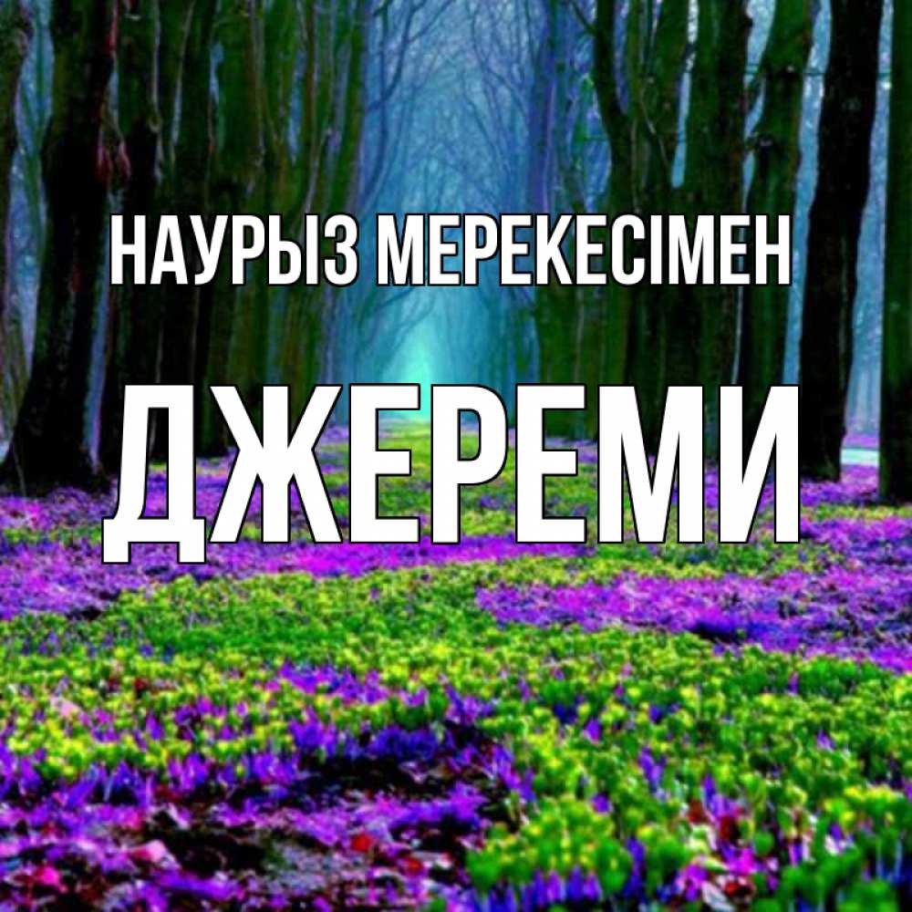 Күн сайын ашық хат с именем, Джереми Наурыз мерекесімен фиолетовые цветы в лесу 1 Онлайн тегін жүктеп алу тілектері бар керемет карта 