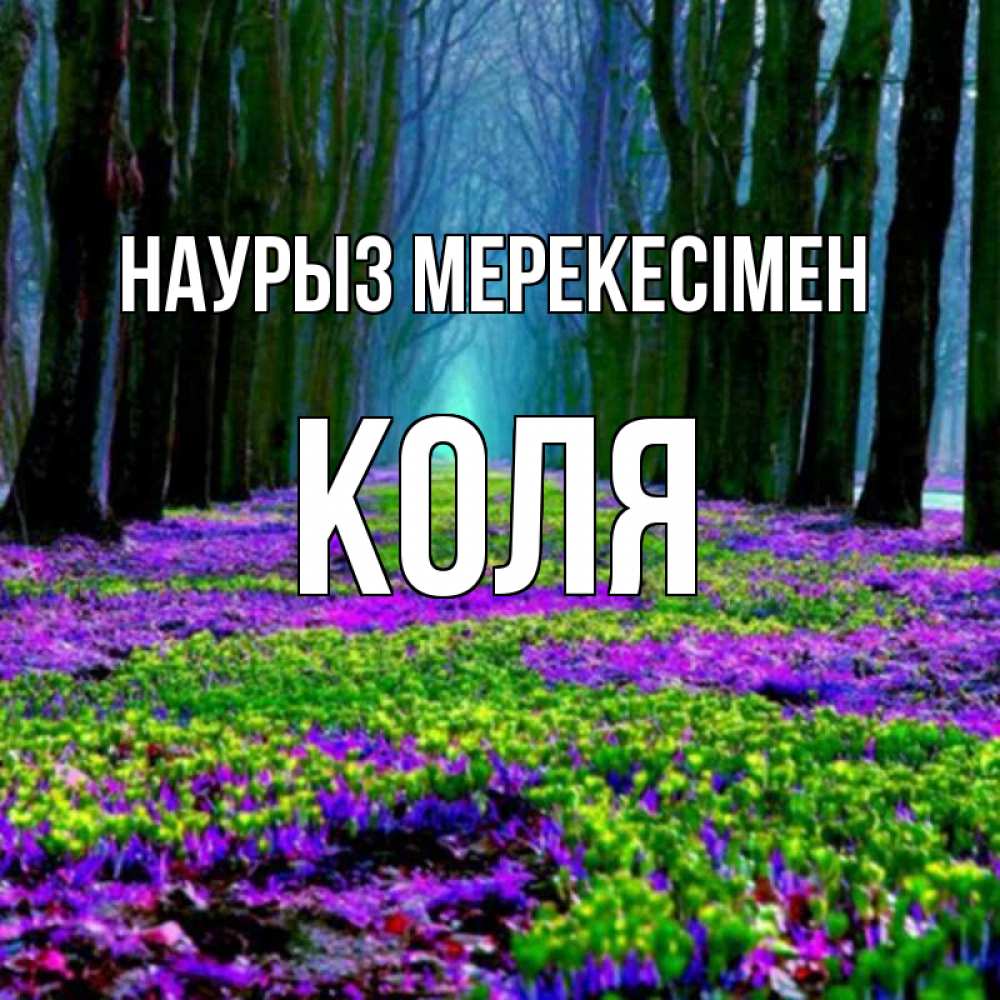 Күн сайын ашық хат с именем, Коля Наурыз мерекесімен фиолетовые цветы в лесу 1 Онлайн тегін жүктеп алу тілектері бар керемет карта 