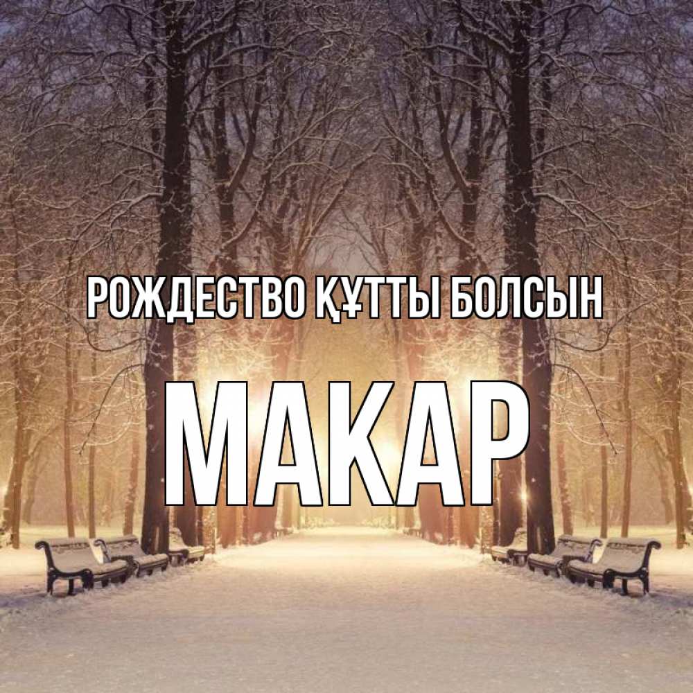 Күн сайын ашық хат с именем, Макар Рождество құтты болсын зима, парк, фонарь, лес Онлайн тегін жүктеп алу тілектері бар керемет карта 