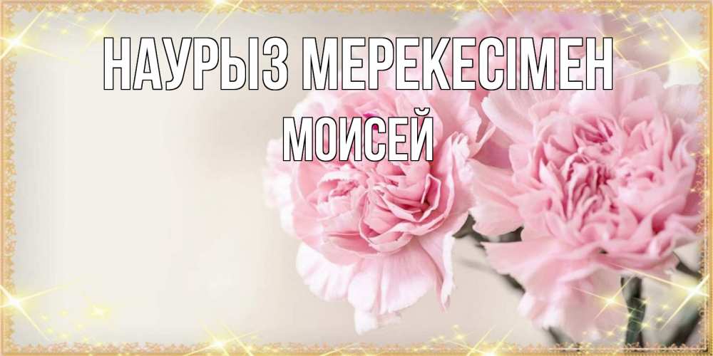 Күн сайын ашық хат с именем, Моисей Наурыз мерекесімен открытка с розовыми цветами в рамочке с подписью праздник весны наурыз Онлайн тегін жүктеп алу тілектері бар керемет карта 