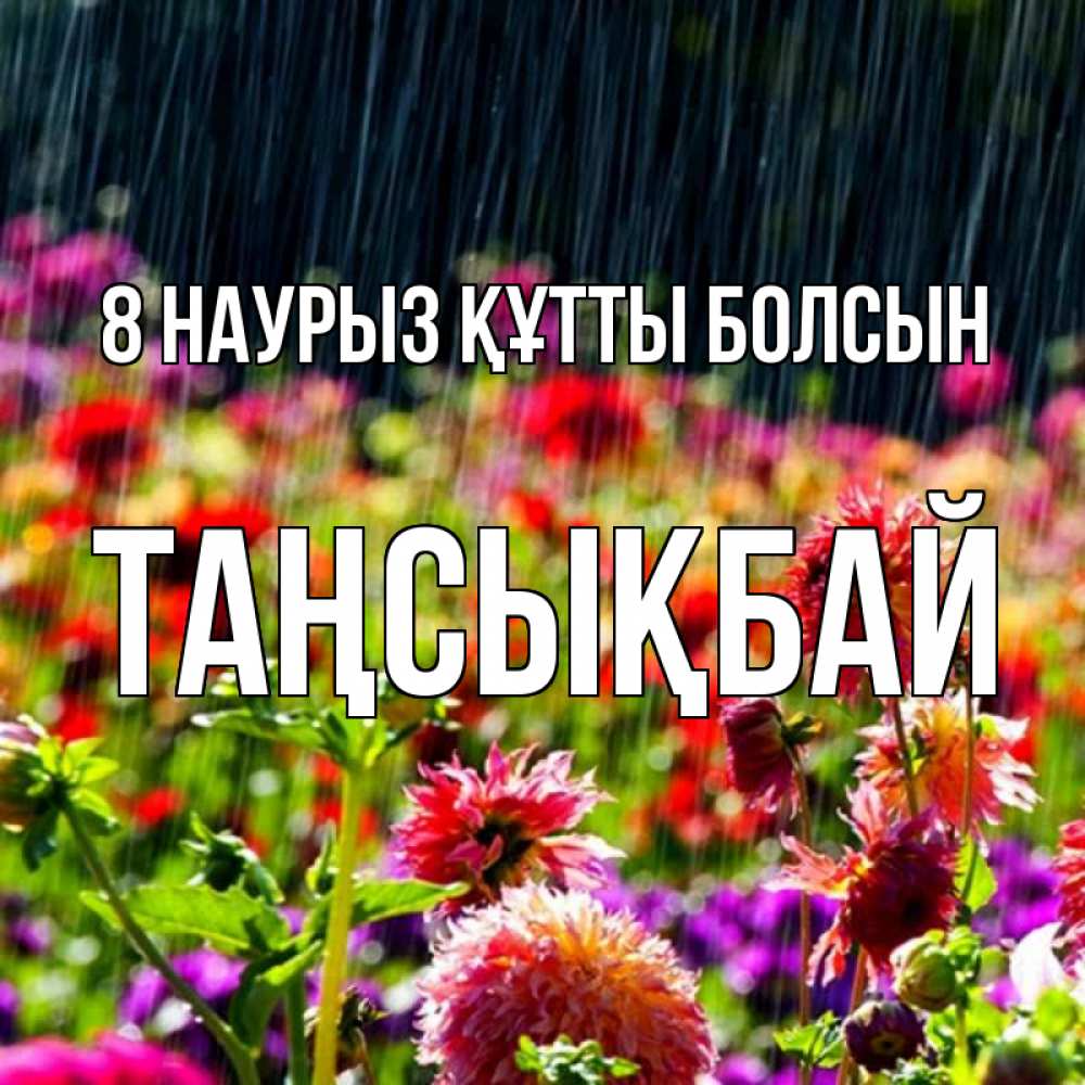 Күн сайын ашық хат с именем, ТАҢСЫҚБАЙ 8 наурыз құтты болсын цветы под дождиком к международному женскому дню Онлайн тегін жүктеп алу тілектері бар керемет карта 