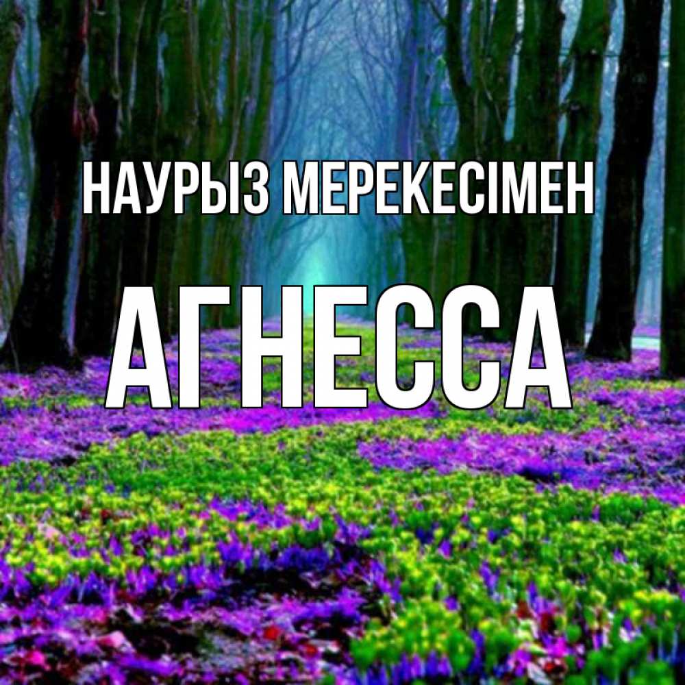 Күн сайын ашық хат с именем, Агнесса Наурыз мерекесімен фиолетовые цветы в лесу 1 Онлайн тегін жүктеп алу тілектері бар керемет карта 