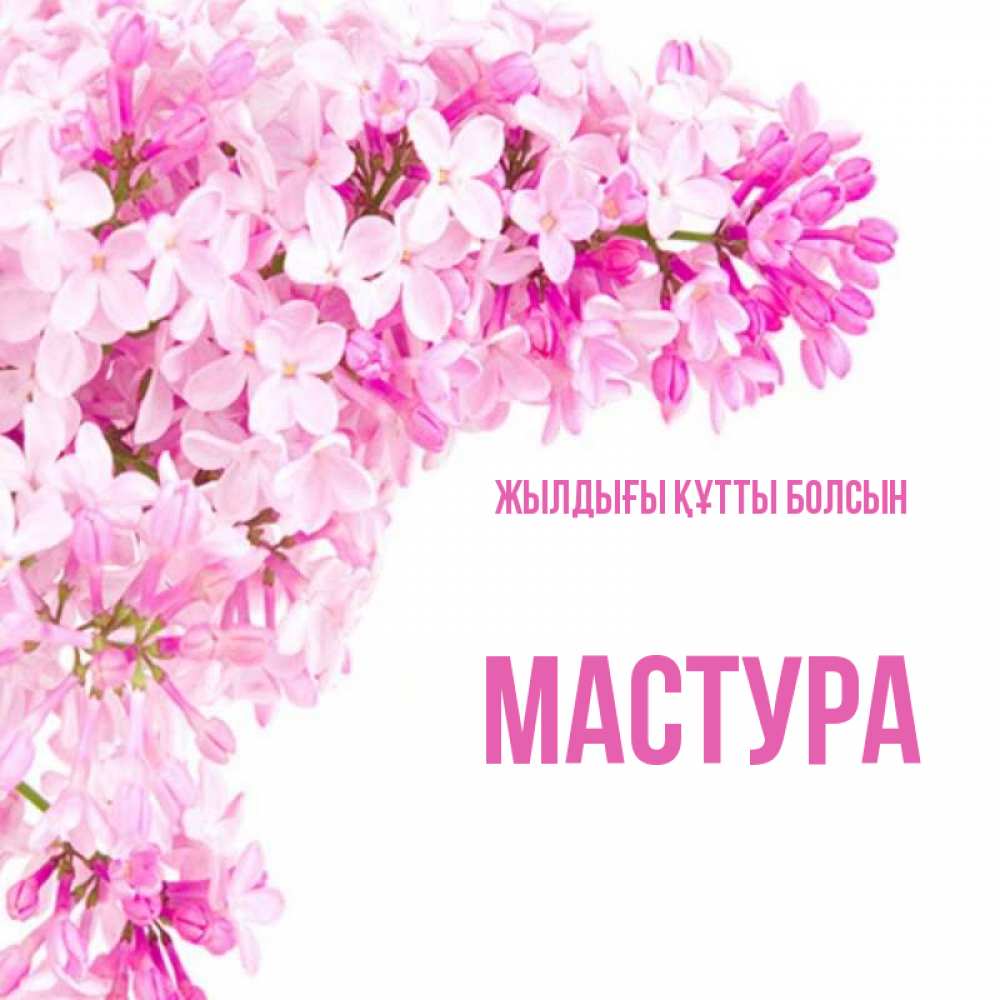 Күн сайын ашық хат с именем, МАСТУРА Жылдығы құтты болсын Сирень на белом фоне Онлайн тегін жүктеп алу тілектері бар керемет карта 